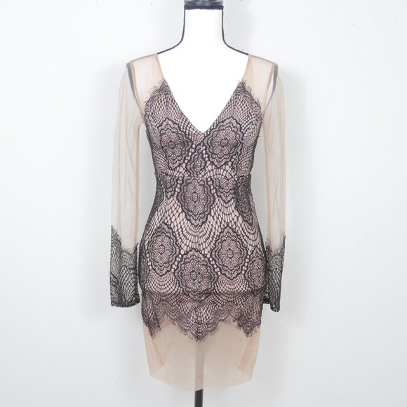 Beidifan Dresses & Skirts - Beidifan Nude Sheer Long Sleeve Black Lace Romantic Sexy Deep V SZ 8 Retro Dress